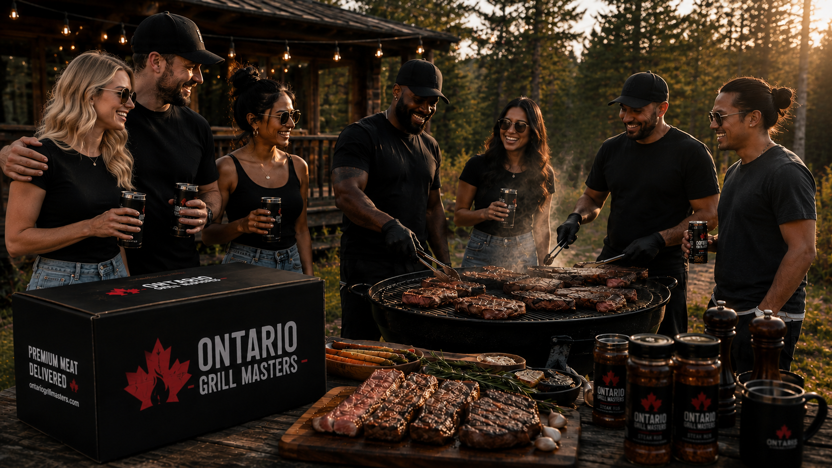 Seven adults grill meat outdoors beside a cabin, with Ontario Grill Masters products and steaks in the foreground.