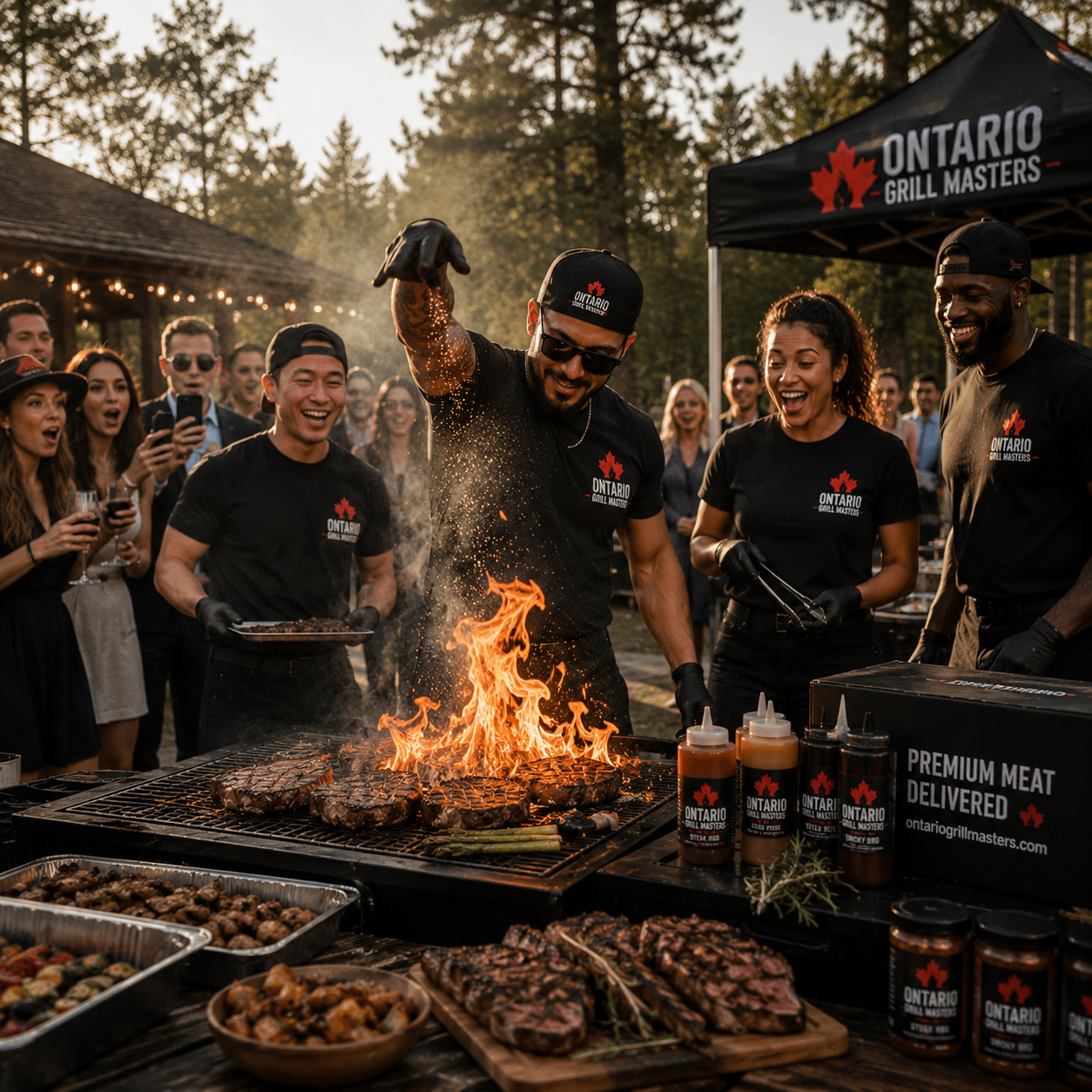 Outdoor Ontario Grill Masters barbecue with chefs, flaming grill, crowd, sauces, and grilled meats.