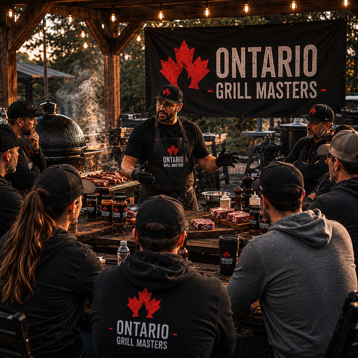 Outdoor barbecue workshop with Ontario Grill Masters branding, a speaker, attendees, smoked meat, and a grill.