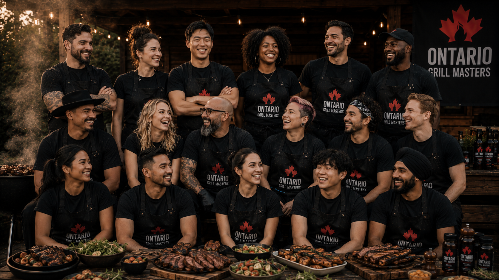 Seventeen barbecue team members in black Ontario Grill Masters aprons pose behind a table of grilled food.