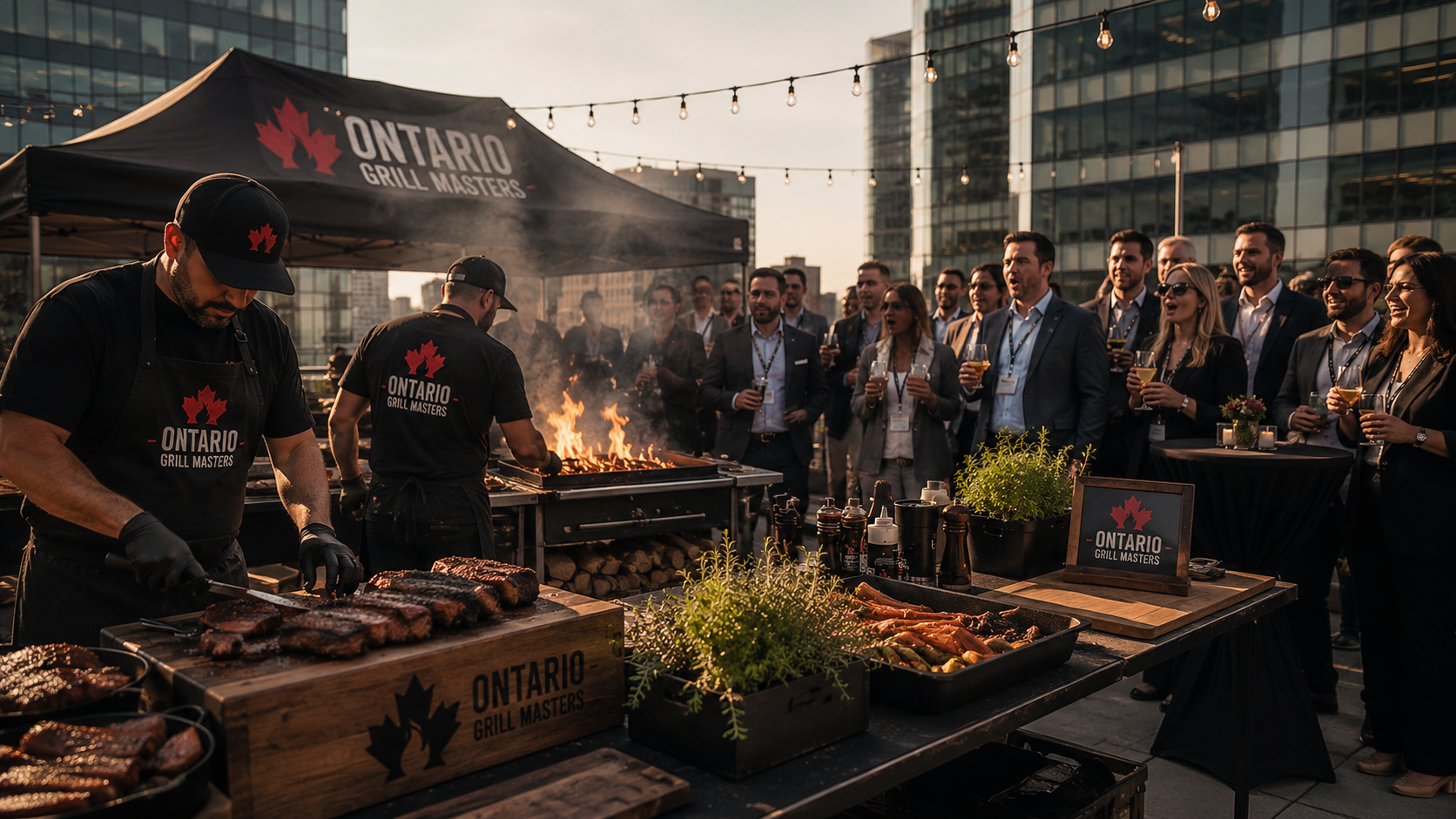 Rooftop barbecue event with Ontario Grill Masters cooks, flames, grilled meat, guests, and string lights.