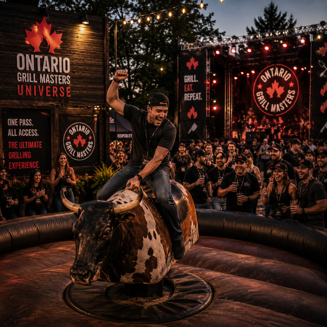 Man rides a mechanical bull at a nighttime Ontario Grill Masters event with a cheering crowd and lit stage.