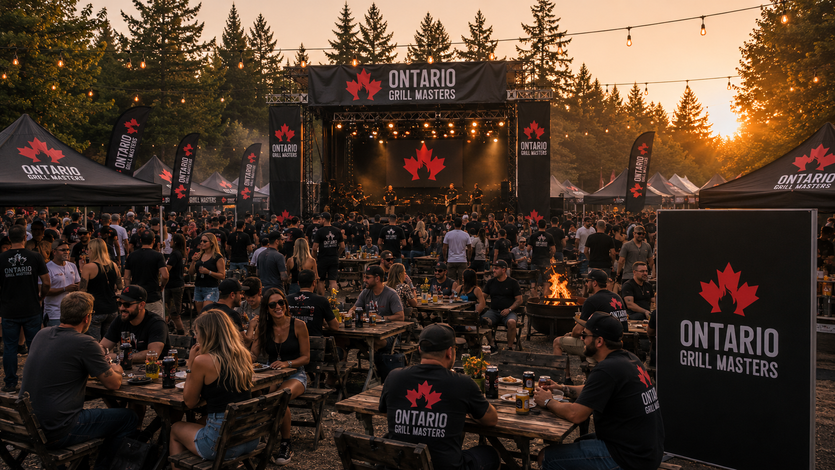 Sunset outdoor barbecue festival with a concert stage, branded tents, picnic tables, crowd, and fire pit.